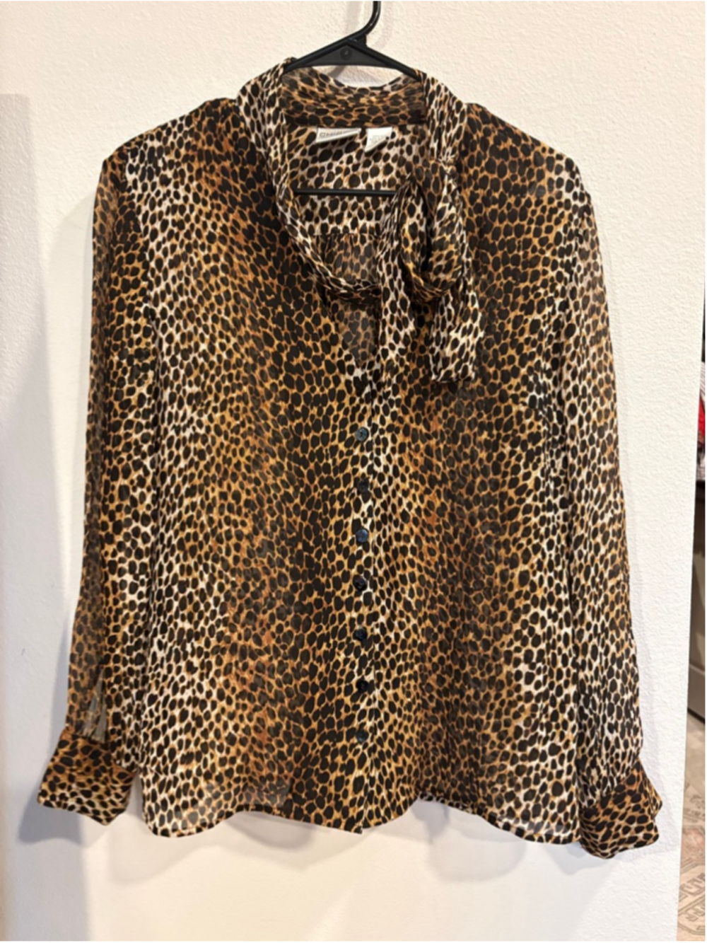 Chicos Sheer Leopard Print Bow Neck Blouse Top Size M